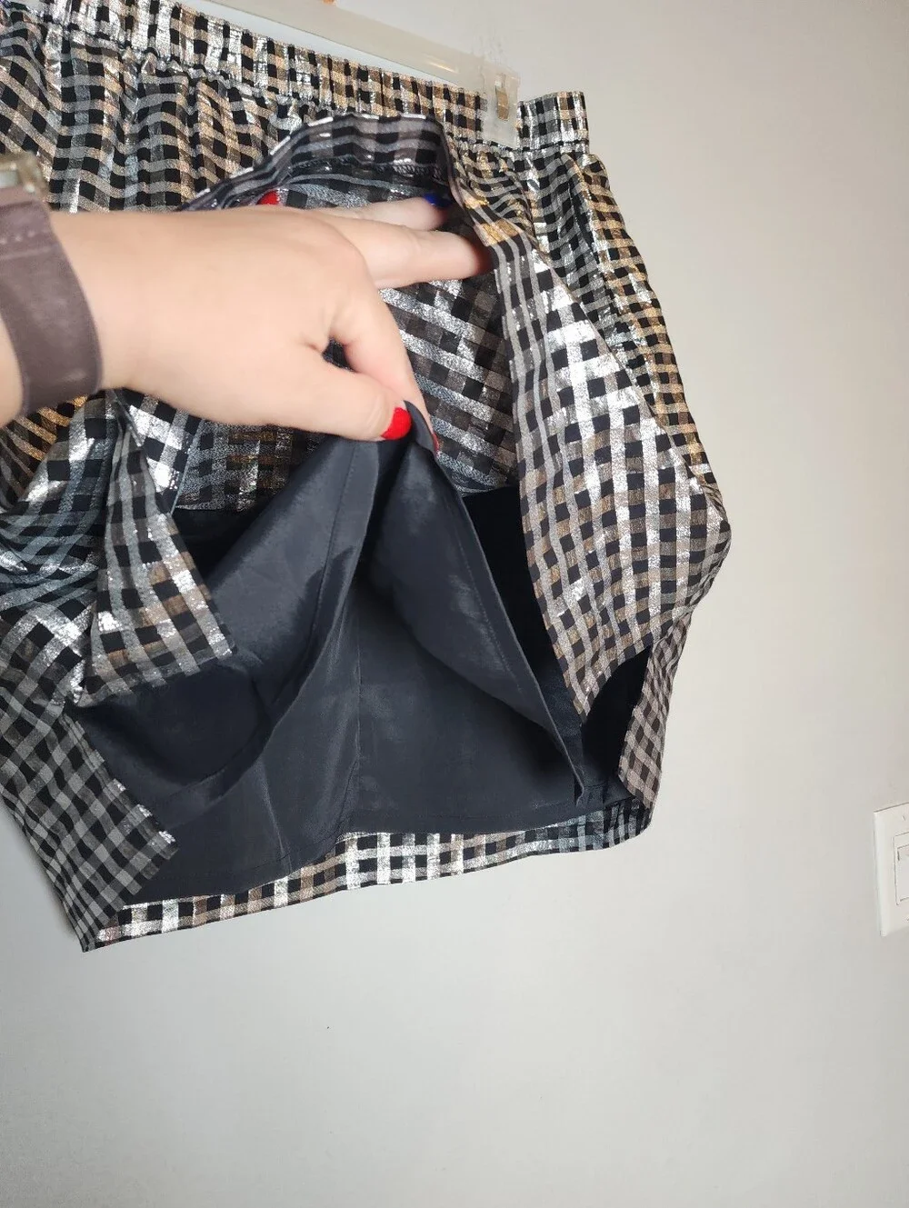 J. Crew Pull-on Shiny Gingham Plaid Skirt Black Silver Pockets Size Large